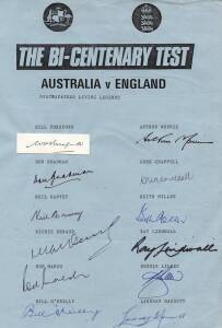 1988 Bicentennial Test Living Legends, team sheet with 12 signatures including Don Bradman, Bill Ponsford, Richie Benaud & Lindsay Hassett.