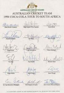 1994 Australian team to South Africa, official team sheet with 18 signatures including Allan Border, Mark Taylor & Shane Warne. VG condition. Scarce.