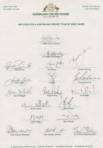 1995 Australian team to West Indies, official team sheet with 18 signatures including Mark Taylor, Ian Healy, Ricky Ponting & Shane Warne. VG condition. Scarce.