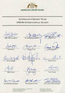 1995-96 Australian team for International Season, official team sheet with 15 signatures including Mark Taylor, Ian Healy, Steve Waugh & Shane Warne. VG condition. Scarce.