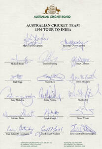 1996 Australian team to India, official team sheet with 17 signatures including Mark Taylor, Ian Healy, Ricky Ponting & Steve Waugh. VG condition. Scarce.