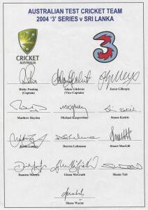 2004 Australian team, team sheet for Test Series v Sri Lanka, with 13 signatures including Ricky Ponting (captain), Adam Gilchrist & Shane Warne.