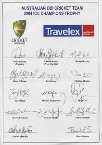 2004 Australian team, team sheet for ICC Champions Trophy, with 14 signatures including Ricky Ponting (captain), Adam Gilchrist & Glenn McGrath.