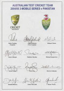 2004-05 Australian team, team sheet for Test Series v Pakistan, with 12 signatures including Ricky Ponting (captain), Adam Gilchrist & Shane Warne.