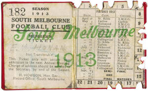 SOUTH MELBOURNE: Member's Season Ticket for 1913, with fixture list & hole punched for each game attended. Fair/Good condition.