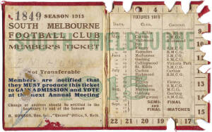 SOUTH MELBOURNE: Member's Season Ticket for 1915, with fixture list & hole punched for each game attended. Fair/Good condition.