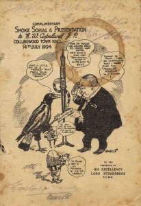 COLLINGWOOD: 1924 menu/programme "Complimentary Smoke Social & Presentation to E.W.Copeland J.P." with 11 signatures including Ted Rowell, Harry Curtis & E.W.Copeland. Also 1950 menu/programme "The Collingwood Football Club Honors Mr.J.F."Jock" McHale - T