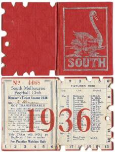 SOUTH MELBOURNE: Member's Season Ticket for 1936, with fixture list & hole punched for each game attended. Fair/Good condition.