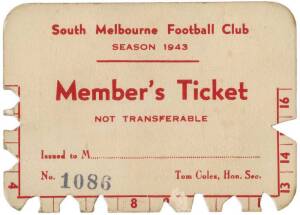 SOUTH MELBOURNE: Member's Season Ticket for 1943, with hole punched for each game attended. Fair/Good condition. Scarce wartime ticket.