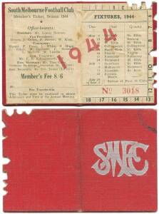 SOUTH MELBOURNE: Member's Season Ticket for 1944, with fixture list & hole punched for each game attended. Fair/Good condition.