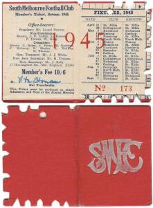 SOUTH MELBOURNE: Member's Season Ticket for 1945, with fixture list & hole punched for each game attended. Fair/Good condition. [South Melbourne lost to Carlton in the "Bloodbath" Grand Final].