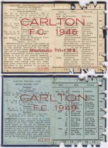 CARLTON: Member's Season Tickets for 1946 & 1949, each with fixture list & hole punched for each game attended. G/VG condition.