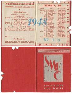 SOUTH MELBOURNE: Member's Season Ticket for 1948, with fixture list & hole punched for each game attended. Fair/Good condition.