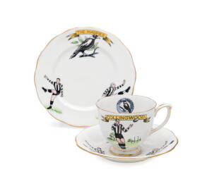 COLLINGWOOD: 1950s cup, saucer and plate set, made by Queen Anne fine bone china, England. Featuring lovely, vivid illustrations of Magpies, Collingwood players in action and a Collingwood logo.