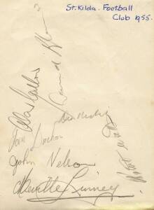 c1955 AUTOGRAPH BOOK, with c152 signatures, mainly VFL footballers, noted Fitzroy (15), Hawthorn (8), Geelong (8), St.Kilda (19), Collingwood (25), Melbourne (10), South Melbourne (10), Carlton (13).