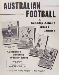 c1956 poster, "AUSTRALIAN FOOTBALL for Non-Stop Action! Speed! Thrills! Spectacular High marks are a feature of... Australia's Greatest Winter Sport", published by Australian National Football Council, size 29x38cm. Folded, otherwise excellent condition.