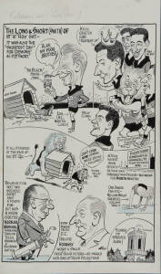 FITZROY: c1959 original b&w cartoon by Age cartoonist Samuel Wells, featuring a Fitzroy victory over Melbourne, size 29x46cm.