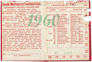 SOUTH MELBOURNE: Member's Season Tickets for 1960, 1961, 1962 & 1963; plus Patron's Season tickets for 1964, 1965, 1966, 1967 & 1968, each with fixture list & hole punched for each game attended. Fair/Good condition.