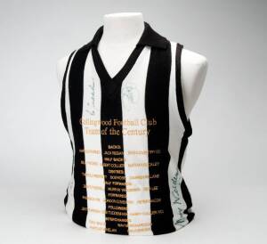 COLLINGWOOD: Collingwood football jumper embroidered "Collingwood Football Club/ Team of the Century" with 4 signatures including Des Tuddenham, Thorold Merrett & Murray Weideman.