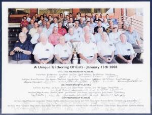 GEELONG: "A Unique Gathering of Cats" display, comprising group photograph of the 1951/52, 1963 & 2007 Premiership players, with 48 signatures below including Bob Davis, Bill Goggin, Doug Wade, Gary Ablett, Cameron Ling, Tom Harley & Matthew Scarlet, wind