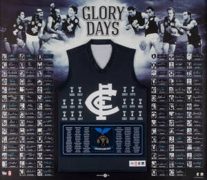 CARLTON: Display "Glory Days", comprising replica guernsey, list of all Premiership Players of the Carlton Football Club, and 88 signatures, marked "Player Edition/100", window mounted, framed & glazed, overall 127x109cm. Ex Wes Lofts collection.