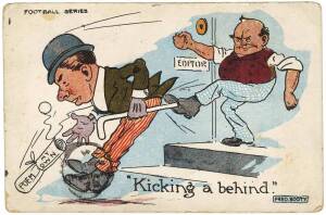 1906 Fred Booty "Football Series" postcards published by V.S.M.&nbsp;[3/6] - "Kicking a Behind", "Seeing the Umpire Home" & "A Follower"; plus [2/6] published by O.S.& P.C. - "Kicking a Behind" & "A Follower".&nbsp;Fair/G.