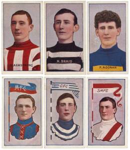 1908-11 Sniders & Abrahams "Australian Footballers", comprising 1908-09 "Victorian League Players" [6/60] & "Victorian Association Players" [3/20]; 1911 Pennants [3/60]. G/VG.&nbsp;