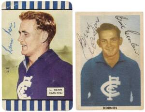 1954-55 Coles "Footballers" (9 - 2 signed) & 1954 Kornies "Champion Footballers" (4 - 3 signed). All Carlton players, some duplication. Fair/VG.