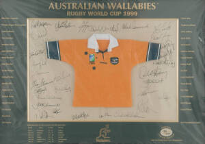 1999 WORLD CUP: Display "Australian Wallabies/ Rugby World Cup 1999", with Wallabies mini jersey surrounded by 32 signatures including John Eales, George Gregan & Matthew Burke, limited edition 180/300, window mounted, framed & glazed, overall 63x48cm.