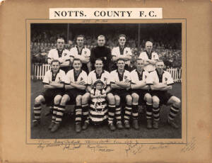 NOTTS COUNTY, large team photograph with 11 signatures on mount including Tommy Lawton (whom County stunned the footballing world by signing from Chelsea for a then-record fee), size 52x40cm.