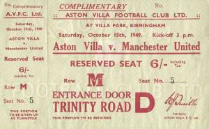 1949 Complimentary Ticket, Aston Villa v Manchester United.