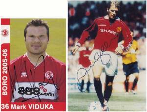 FOOTBALL AUTOGRAPHS: Rare signed Mark Viduka postcard; signed David Beckham photograph; plus signed "Autographed Editions" cards (8) - Paul Allen, Viv Anderson, Gary Stevens, Stuart Pearce, Tony Cottee, Carlton Palmer, Alvin Martin & Peter Beardsley.