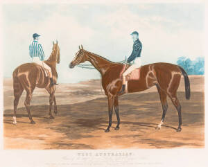 "WEST AUSTRALIAN. Winner of the 2000 Guineas, Derby and St.Leger 1853", aquatint and engraving printed a la poupee with added hand-colouring, engraved by J.Harris, published by Baily Brothers [London, 1853], window mounted, overall 91x71cm.