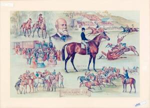 MELBOURNE CUP: "The First Melbourne Cup" print by Harold Freedman, window mounted, framed & glazed, overall 113x83cm.