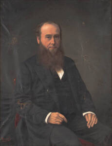 W.S.COX (the founder of Moonee Valley Racing Club): W.Barnard, "Portrait of W.S.Cox", oil on canvas, signed lower right and dated "London, 1876", framed, overall 100x125cm. Needs repair.