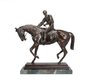 BRONZE HORSE & JOCKEY SCULPTURE, after Isidore Jules Bonheur (French, 1827-1901), bronze sculpture "Le Grande Jockey", rider and winning mount, signed on base, 61cm tall. Good condition.