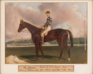 THE ASSYRIAN (winner 1882 Melbourne Cup): Frederick Woodhouse Sr (1820-1909), "The Assyrian. Owned by C.S.Agnew Esq. Winner of Melbourne Cup 1882, Hobart Cup 1883 & other Races", oil on board, window mounted, framed & glazed, overall 52x44cm.