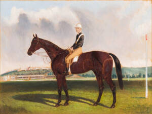 COMMOTION (3rd to Martini-Henry in 1883 Melbourne Cup; 2nd to Malua in 1884 Melbourne Cup): Frederick Woodhouse Sr (1820-1909), "Commotion, by Panic- Evening Star. Winner of the Champion 1883", oil on board, signed and dated 1884 lower right, framed, over