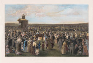 1887 MELBOURNE CUP: "The Lawn at Flemington on Melbourne Cup Day, 1887", "The Betting Ring at Flemington, 1887" & "The Derby Day at Flemington, 1886", three hand-coloured photogravures by Carl Kahler (1855-1906), each window mounted, framed & glazed, each