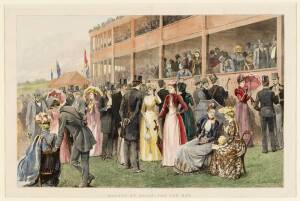 1890 ASCOT: "Society at Ascot -The Cup Day", double-page engraving by Arthur Hopkins from 'The Graphic' [London, 1890], window mounted, overall 68x50cm.