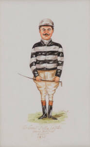 FRAMED ITEMS, noted engravings "On the Lawn - Melbourne Cup" & "A Sale at Tattersalls"; jockey watercolours "The Count Della Catona" & Bernard Dillon"; Vanity Fair prints "Danny" & "Frank Wotton".