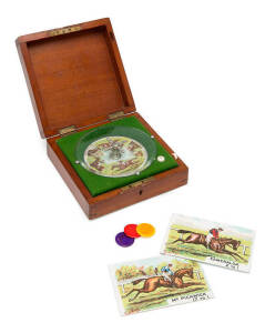 HORSE RACING GAME, c1900 "Sandown" game, made by F.H.Ayres, London. Roulette style game in wooden box with key; together with fold-out board; horse cards (21), and coloured wooden counters; in original box. Artwork by Finch Mason (1850-1915).