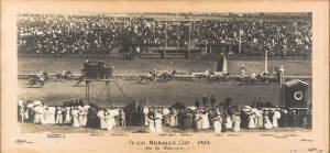 1905 MELBOURNE CUP: Photograph "Finish, Melbourne Cup, 1905, Won by Blue Spec", taken by Sears Photo, Melbourne, (minor faults on mount), framed & glazed, overall 96x50cm.