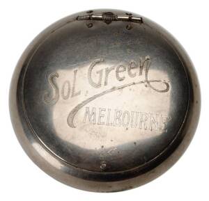 TOBACCO HOLDER, with "Sol Green/ Melbourne" on lid. Fair/Good condition. [Sol Green (1868-1948) was a bookmaker & philanthropist, who won the 1910 Melbourne Cup with comedy King].