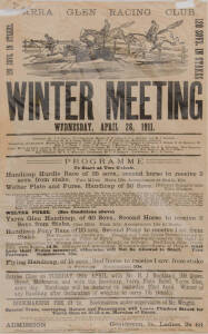 HORSE-RACING POSTERS: "KORUMBURRA RACE CLUB, Annual Meeting, Wednesday, March 8, 1911" & "Yarra Glen Racing Club, WINTER MEETING, Wednesday, April 26, 1911". Both window mounted, each about 64x96cm.