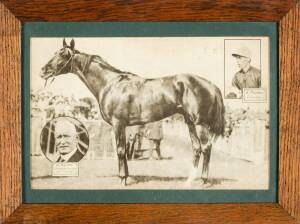 1928 MELBOURNE CUP: Magazine picture of Statesman, with insets of jockey J.Munro & breeder/owner/trainer W.Kelso, framed & glazed, overall 47x35cm.