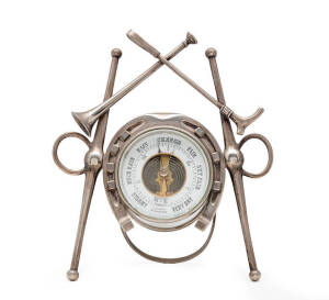 HORSE-THEMED BAROMETER, decorated with horse-shoe, bits, whip & hunting horn, made in Paris. Attractive.