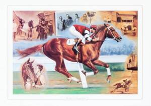 PHAR LAP: Print "Phar Lap - A Racing Legend" by Peter Barlow, signed by the artist, framed & glazed, overall 112x82cm. 