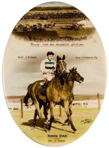 AURIE"S STAR, oval colour tin-plate photograph of Auries Star winning the 1944 Divett Handicap & returning to scale, with desk-stand, 35cm tall