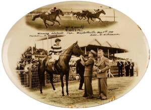 1949 ADELAIDE CUP: Oval tin photo, "Mr.R.Roach's "Colin", Winning Adelaide Cup... Morphetville, May 11th 1949. Trainer R.Roach. Rider W.Williamson", size 35x26cm.